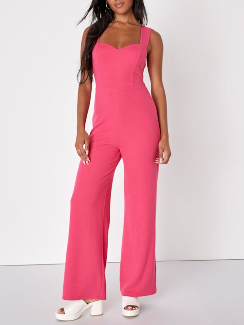 Lulus Standout Energy Hot Pink Ribbed Knit Wide-leg Jumpsuit - Size XS